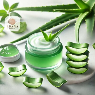 یک ظرف شفاف حاوی ژل آلوئه ورا طبیعی، همراه با برگ آلوئه ورا تازه روی سطح سفید.